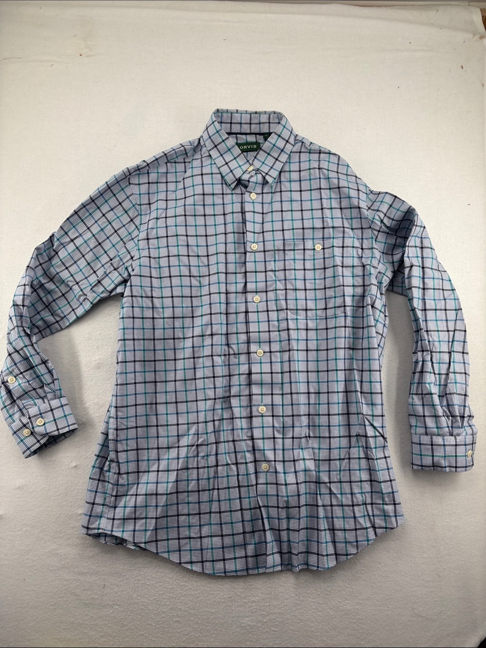 Orvis Men’s Light Blue and Green Windowpane Button-Down Shirt